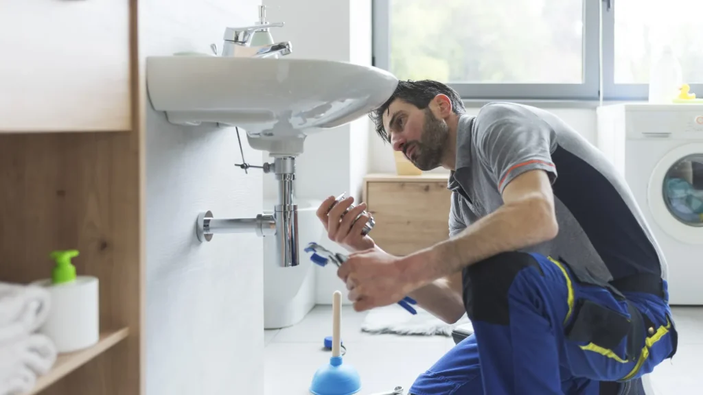 Female plumber repairing a bathroom sink